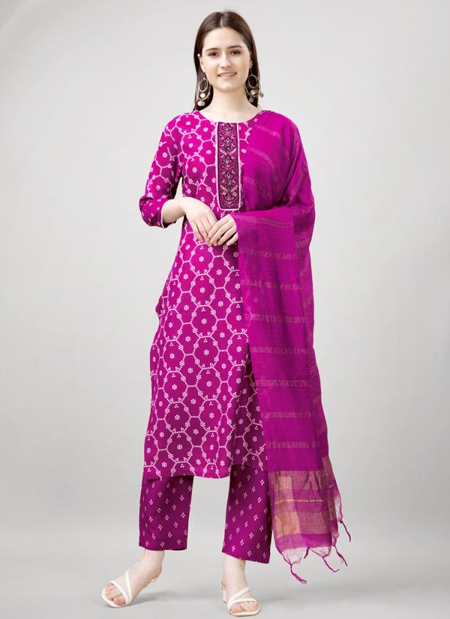 Rayon Bright Pink Festival Wear Printed Readymade Straight Suit